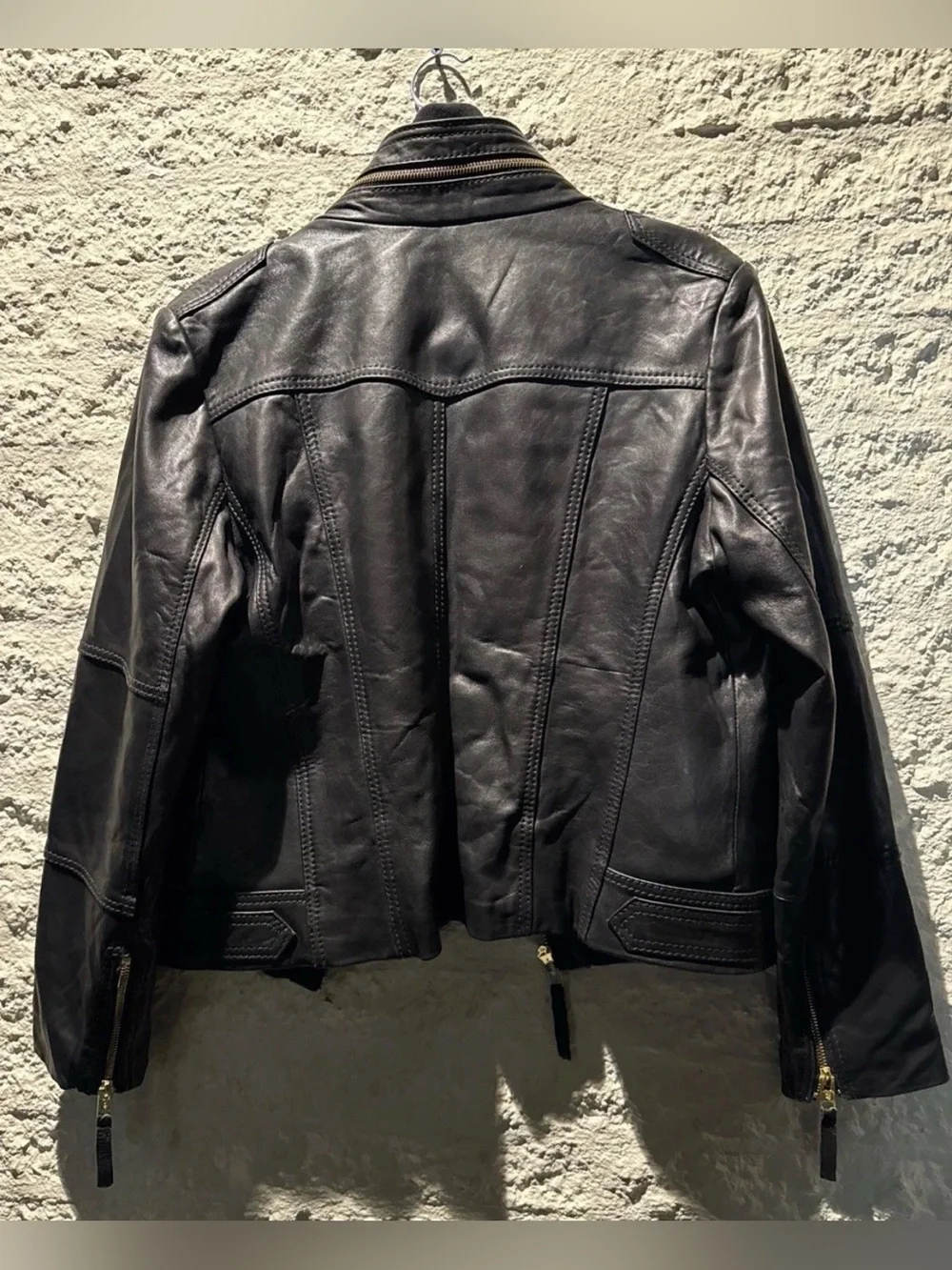 Michael Kors Women’s Black Leather Moto Jacket with Gold tone Hardware Size PL